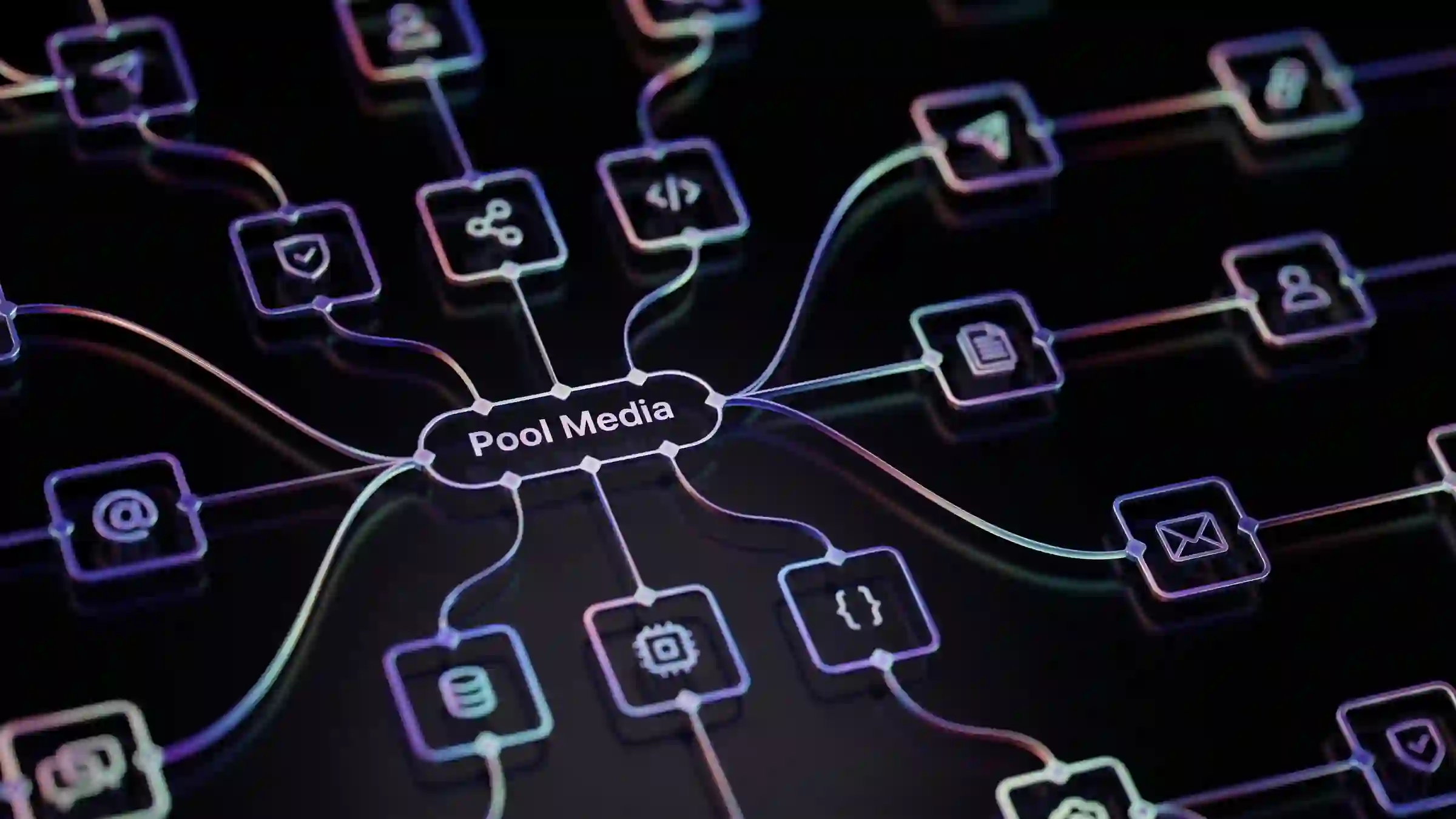 Visualisatie van de Pool Media automatiseringsstack: gekoppelde tools voor data, content en distributie